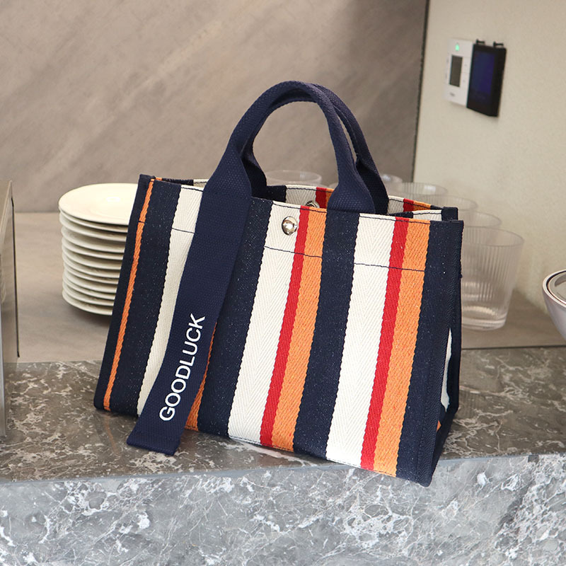 Colorful Letter Stripes Pattern Canvas Tote Bag Women's Casual Reusable Cotton Shoulder Bag & Purse Fashionable Print Design