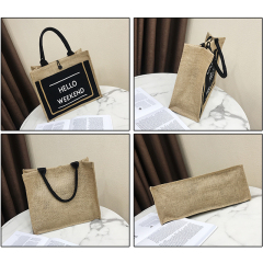 Umweltfreundliche Einkaufstaschen aus natürlichem Sackleinen, bedruckte wiederverwendbare Jute-Einkaufstasche mit Tragetaschen aus Baumwollgurtband