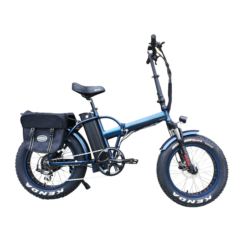 20 Inch Fat Tire Electric Bike with Blue Frame Foldable & down Tube Lithium Battery 3.5 Inch Big LCD Screen Disc Brake System