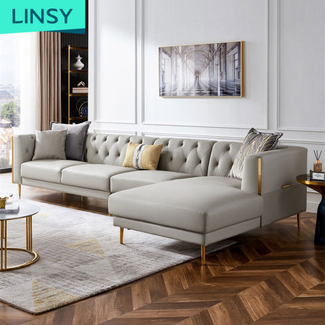 Linsy Modern Home Furniture Italy Grey Top Grain White Genuine Leather Sofas Set For Living Room S097