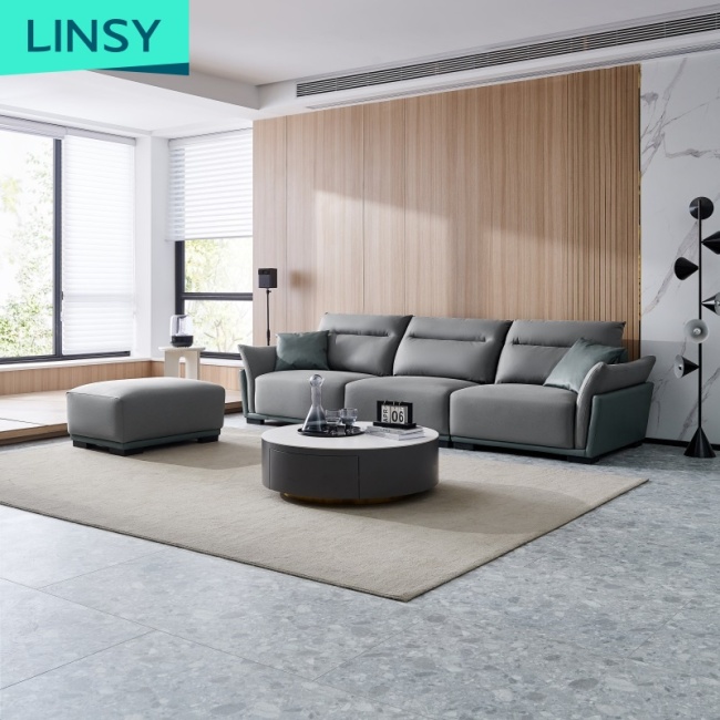 Linsy High Quality Luxury French Large Corner Sofa 3 Seats Living Room Corner Leather Sofa Set Tbs060