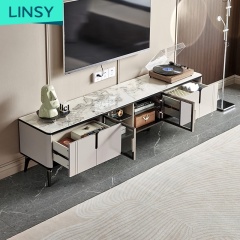 Linsy Luxury White Marble Coffee Table And Tv Stand Stone Modern Storage Black Wooden Coffee Tables Set Ll1M