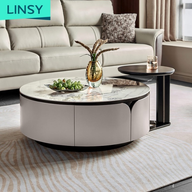 Linsy Luxury White Marble Coffee Table And Tv Stand Stone Modern Storage Black Wooden Coffee Tables Set Ll1M