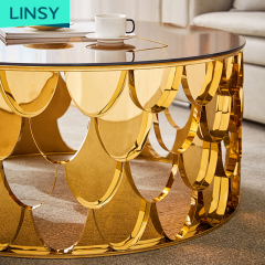 Linsy Hotel Golden Stainless Steel Luxury Modern Design  Glass Coffee Table Set Modern Live Room Center Table YP1462