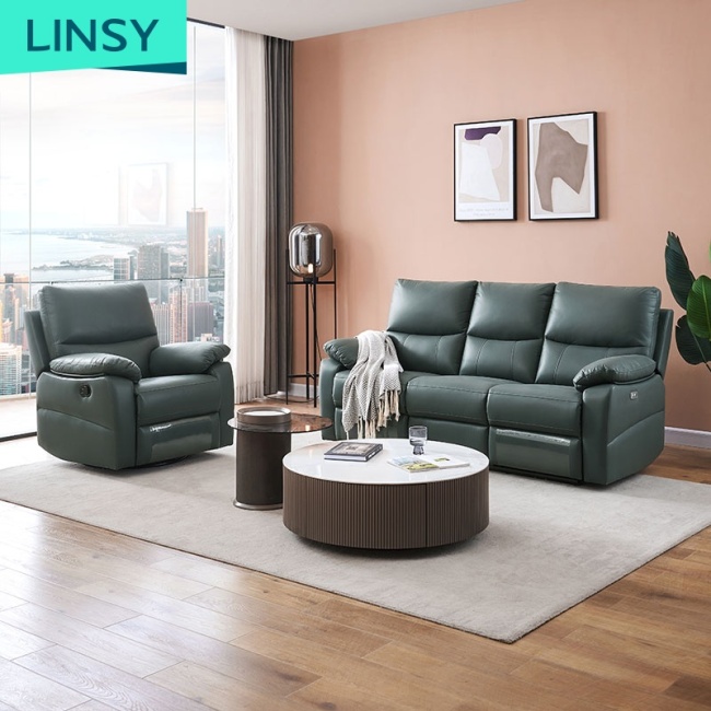 Linsy Comfortable Sofa Modern Gray Green 3 Seat Lounge Leather Recliner Sofa Set For Living Room Ls332Sf4