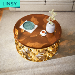 Linsy Foshan Modern Luxury Stainless Steel Mirrored Golden Round Large Big Glass Top Coffee Table Set Yp1462