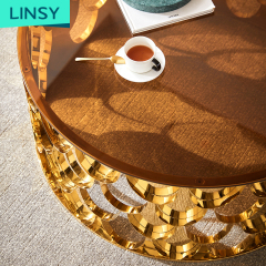 Linsy Foshan Modern Luxury Stainless Steel Mirrored Golden Round Large Big Glass Top Coffee Table Set Yp1462