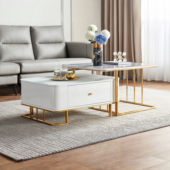 Linsy Hot Selling Luxury Gold Legs And White Square Marble Top Adjustable Coffee Table Grey Modern Metal Frame DZ4L