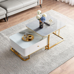 Linsy Hot Selling Luxury Gold Legs And White Square Marble Top Adjustable Coffee Table Grey Modern Metal Frame DZ4L
