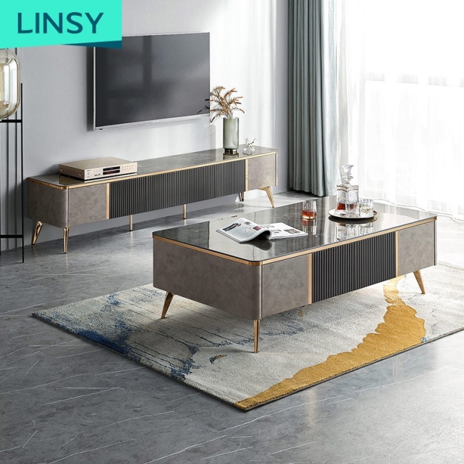 Linsy American Style Modern Marble Square Storage Gold Metal Base Living Room Tv Unit And Coffee Table LS361L1