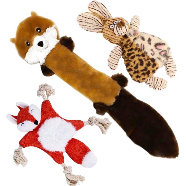 3 Pack Dog Squeaky Toys Cute No Stuffing chew Plush Dog Toys with Rope Knots and Crinkle Paper