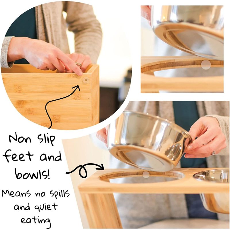 Raised Dog Bowl Bamboo Pet Feeder Four Stainless Steel Bowls
