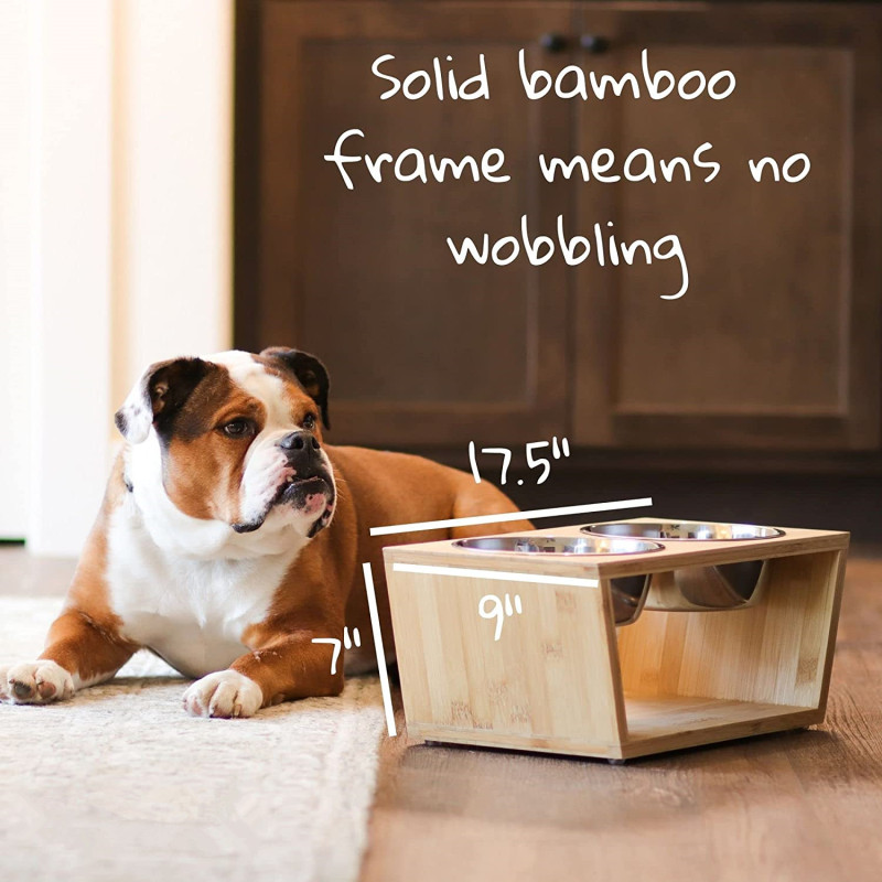 Raised Dog Bowl Bamboo Pet Feeder Four Stainless Steel Bowls