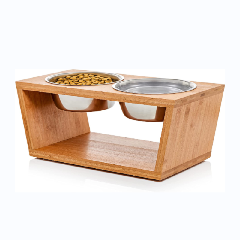 Raised Dog Bowl Bamboo Pet Feeder Four Stainless Steel Bowls