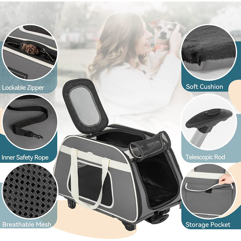 Pet Carrier with Removable Wheels for Dog and Cat Outdoor Travel