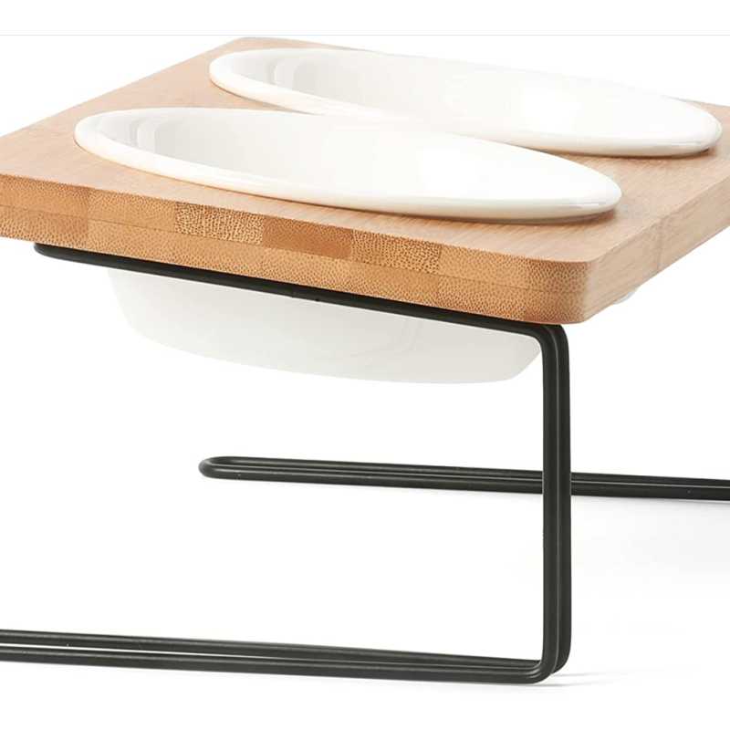 Elevated Cat Ceramic Bowls 15° Tilted Raised Food Feeding Dishes Solid Wood Water Stand Feeder Set