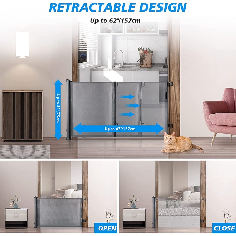 Retractable Dog Gate, Extra Wide Space Saving Mesh Pet Gate 31 Inches Tall, Extends to 62 Inches Wide, Movable Indoor