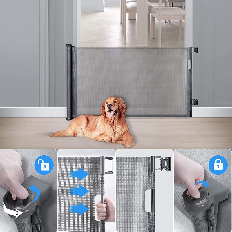 Retractable Dog Gate, Extra Wide Space Saving Mesh Pet Gate 31 Inches Tall, Extends to 62 Inches Wide, Movable Indoor