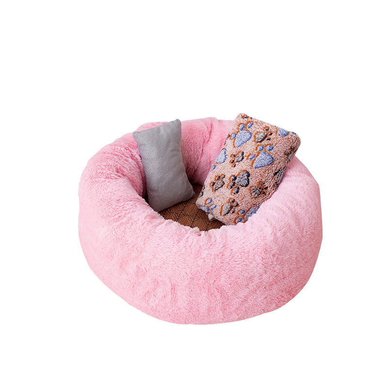 Calming Shag Vegan Fur Donut Cuddler Pet Bed Luxury Dog Cat Plush Beds Round Pet Bed
