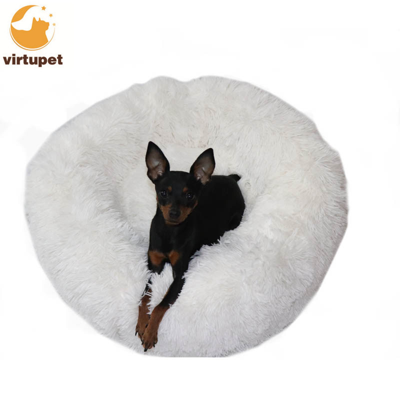Calming Shag Vegan Fur Donut Cuddler Pet Bed Luxury Dog Cat Plush Beds Round Pet Bed