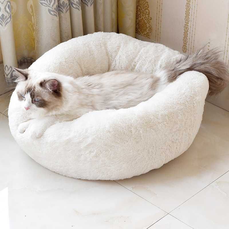 Calming Shag Vegan Fur Donut Cuddler Pet Bed Luxury Dog Cat Plush Beds Round Pet Bed
