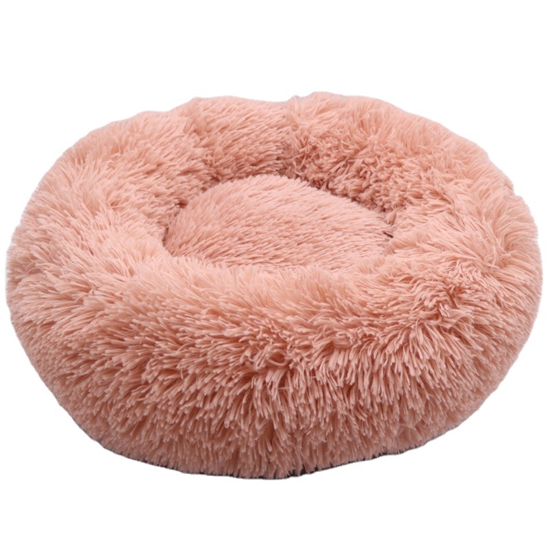 Calming Shag Vegan Fur Donut Cuddler Pet Bed Luxury Dog Cat Plush Beds Round Pet Bed