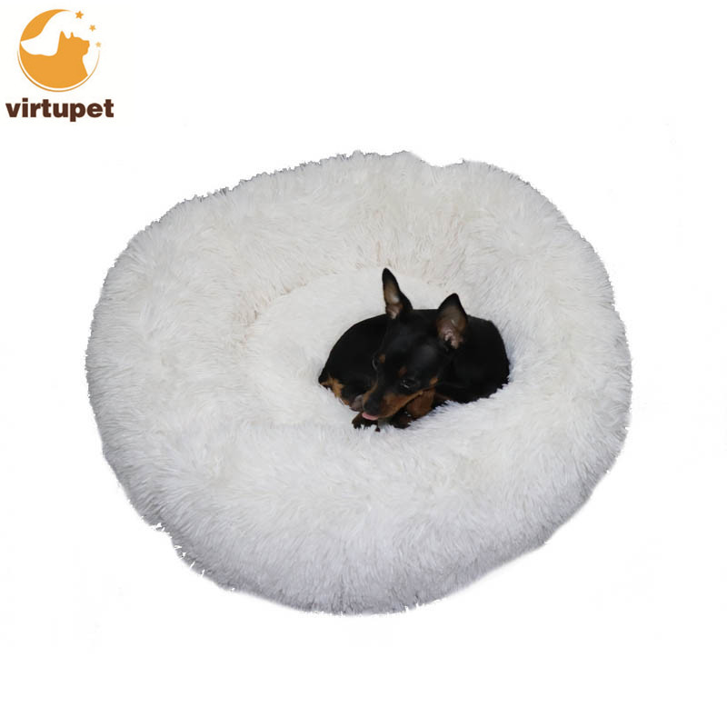 Calming Shag Vegan Fur Donut Cuddler Pet Bed Luxury Dog Cat Plush Beds Round Pet Bed