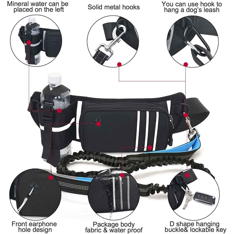 Padded Handles Reflective Stitches Adjustable Waist Dog Leash and Bottle Holder for Running Walking