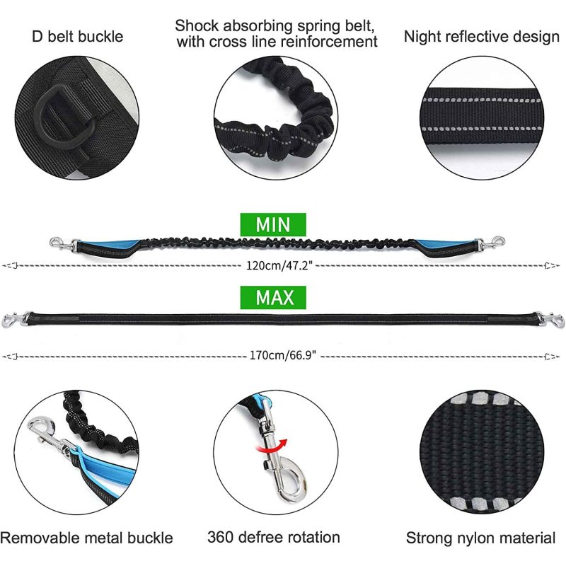 Padded Handles Reflective Stitches Adjustable Waist Dog Leash and Bottle Holder for Running Walking