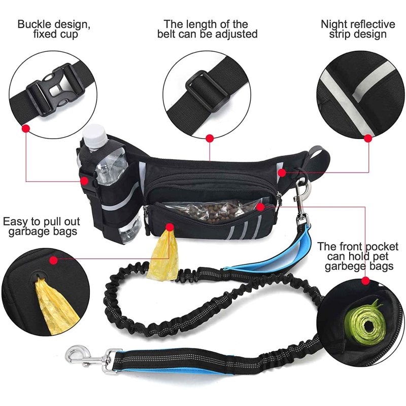 Padded Handles Reflective Stitches Adjustable Waist Dog Leash and Bottle Holder for Running Walking