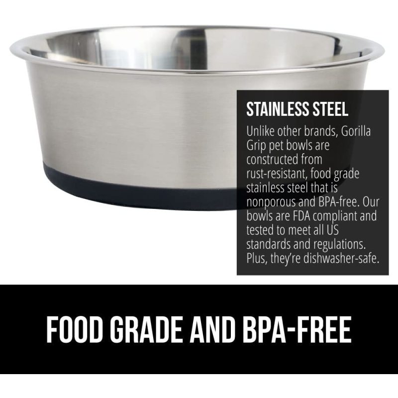 Quiet Pet Stainless Steel Metal Dog Bowl of Rubber Base for Cats and Dogs