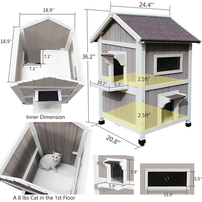 Pet House With Windows Pet Cabin Wooden Cat House Pet Nest Outdoor Kitty Shelter Weatherproof Cat Cave Two Floors Cat Condo