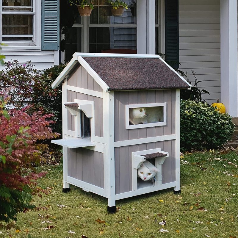 Pet House With Windows Pet Cabin Wooden Cat House Pet Nest Outdoor Kitty Shelter Weatherproof Cat Cave Two Floors Cat Condo