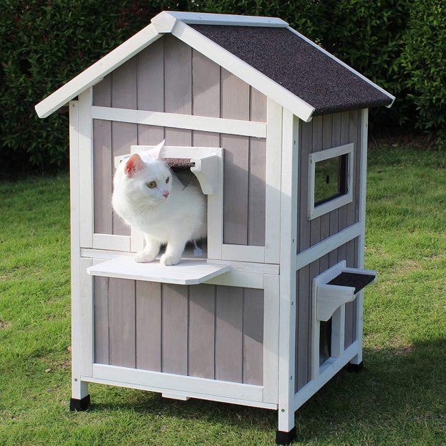 Pet House With Windows Pet Cabin Wooden Cat House Pet Nest Outdoor Kitty Shelter Weatherproof Cat Cave Two Floors Cat Condo