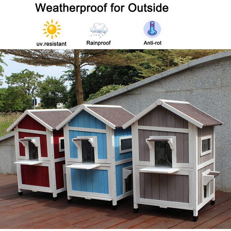 Pet House With Windows Pet Cabin Wooden Cat House Pet Nest Outdoor Kitty Shelter Weatherproof Cat Cave Two Floors Cat Condo
