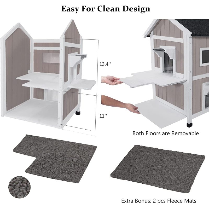 Pet House With Windows Pet Cabin Wooden Cat House Pet Nest Outdoor Kitty Shelter Weatherproof Cat Cave Two Floors Cat Condo