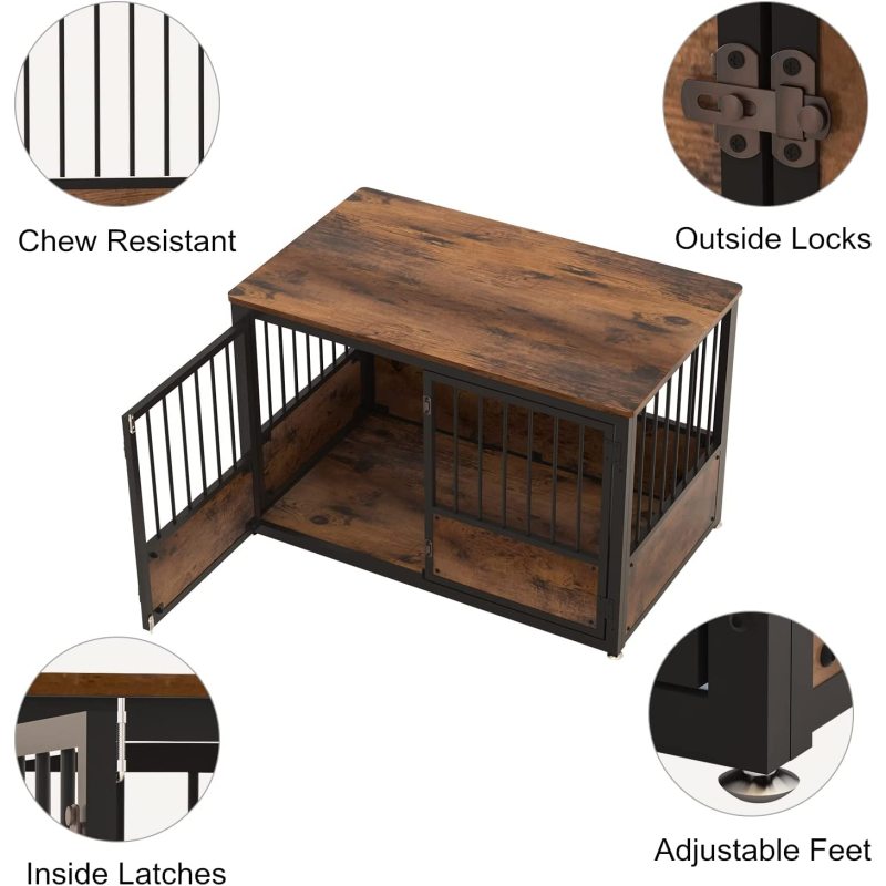 Decorative Tall Wooden Metal Kennel Pet Cage House Indoor with Sturdy Locks for Medium Pet
