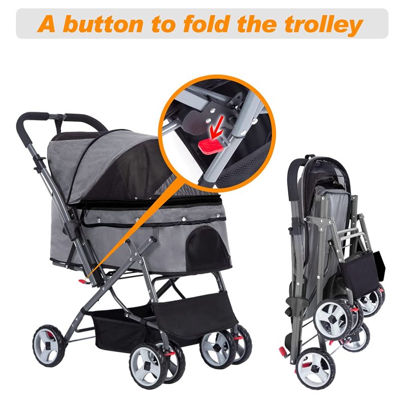 Dog Strollers 4 Wheel Foldable Travel Cat Pet Stroller with Removable Liner, Storage Basket, Breathable Mesh