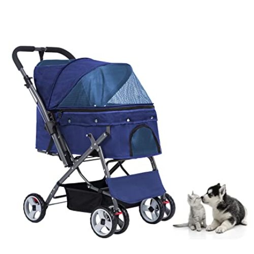 Dog Strollers 4 Wheel Foldable Travel Cat Pet Stroller with Removable Liner, Storage Basket, Breathable Mesh