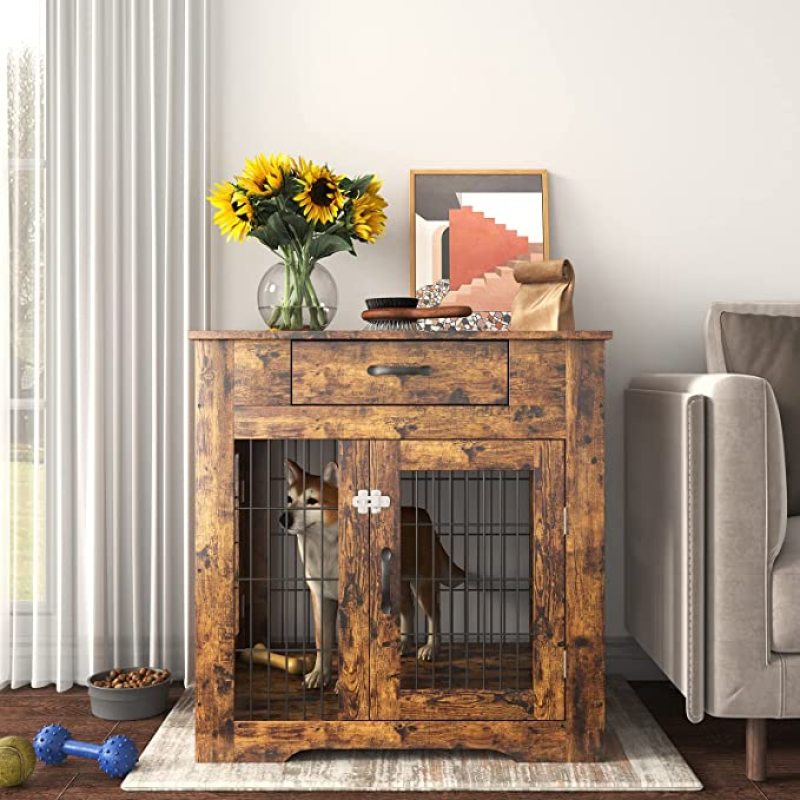 Furniture Style Dog Crate End Table with Drawer Decorative Pet Crate House Pet Kennels with Double Doors