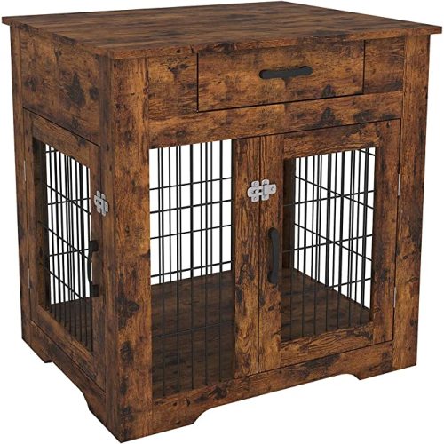 Furniture Style Dog Crate End Table with Drawer Decorative Pet Crate House Pet Kennels with Double Doors