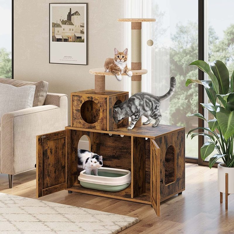 Cat Litter Box Hidden Furniture with Divider Wooden Cat House with Cat Tree Tower