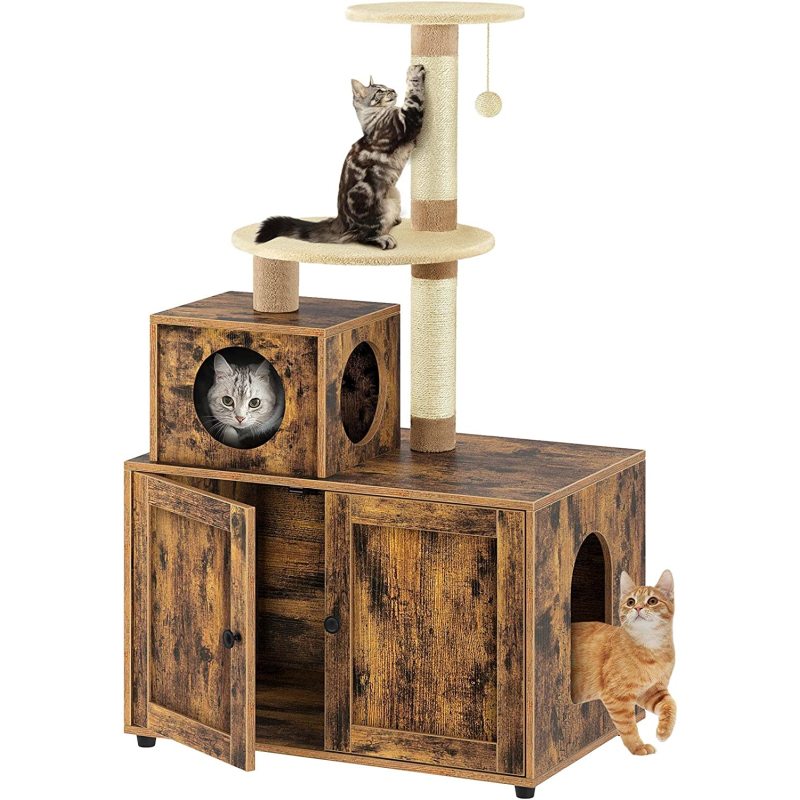 Cat Litter Box Hidden Furniture with Divider Wooden Cat House with Cat Tree Tower