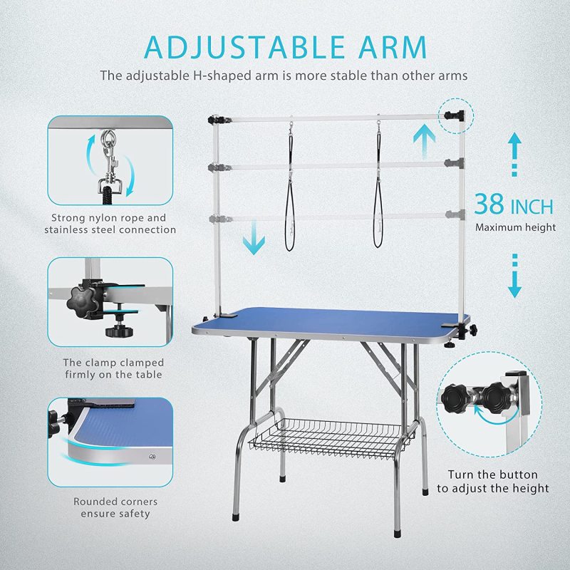 Adjustable Height Arm Collapsible Pet Grooming Table Noose and Mesh Tray for Large Dogs