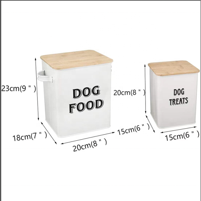 Dog Food and Treats Storage tin Containers Set with Scoop for Dogs-Tight Fitting Wood Lids-Coated Carbon Steel-Storage Canister