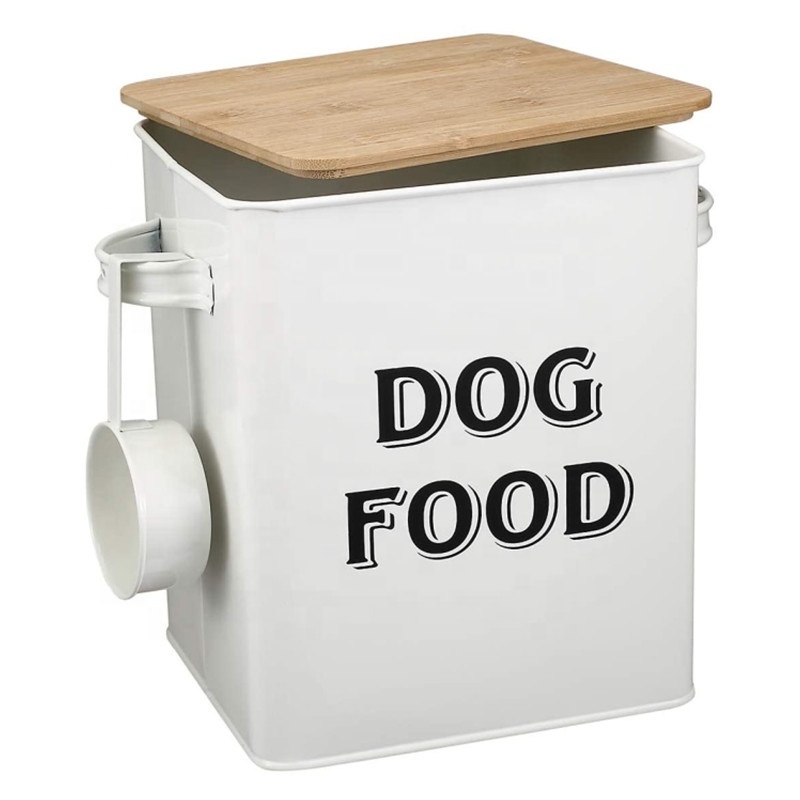 Dog Food and Treats Storage tin Containers Set with Scoop for Dogs-Tight Fitting Wood Lids-Coated Carbon Steel-Storage Canister