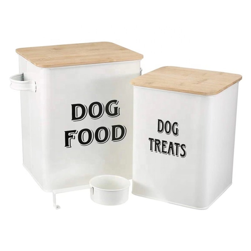 Dog Food and Treats Storage tin Containers Set with Scoop for Dogs-Tight Fitting Wood Lids-Coated Carbon Steel-Storage Canister