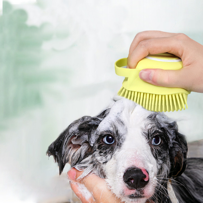 Dog Brush Bath Massage Brush Shampoo Dispenser for Pet Grooming Deshedding Soft Silicone Bristles