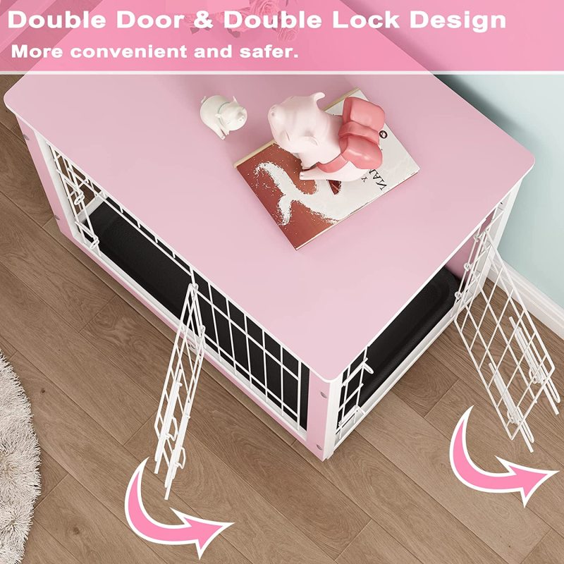 Crate Furniture with Cushion&Tray for Small Medium Large Dogs, Dog Crate End Table Furniture Style, Double Doors Decorative Dog