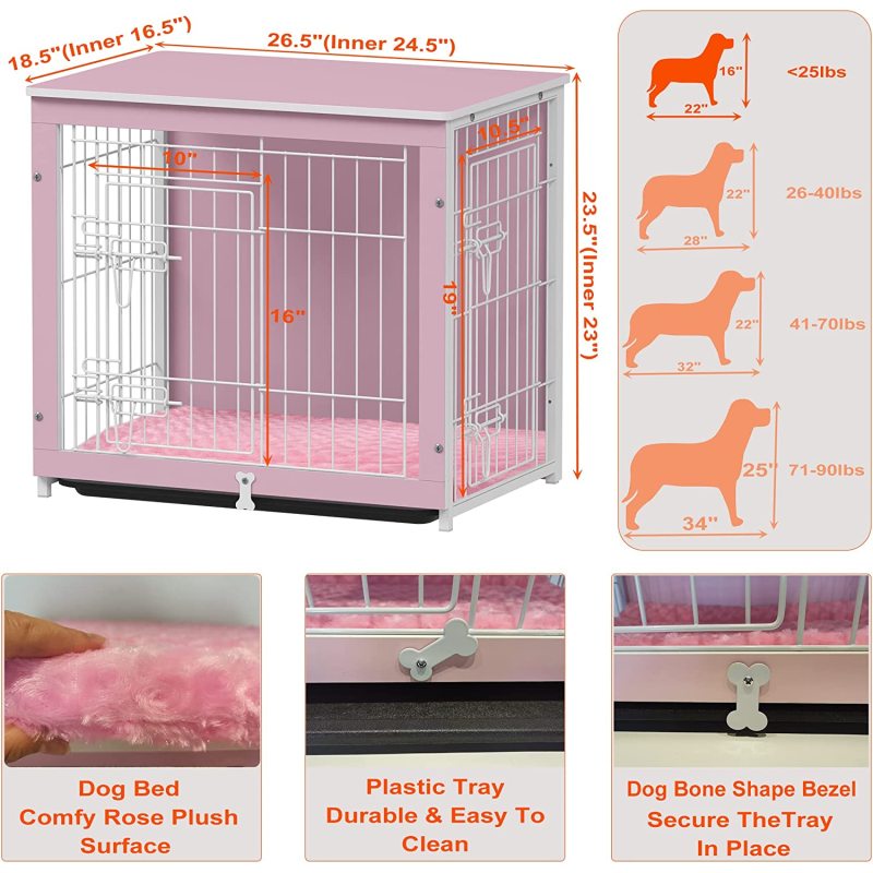 Crate Furniture with Cushion&Tray for Small Medium Large Dogs, Dog Crate End Table Furniture Style, Double Doors Decorative Dog